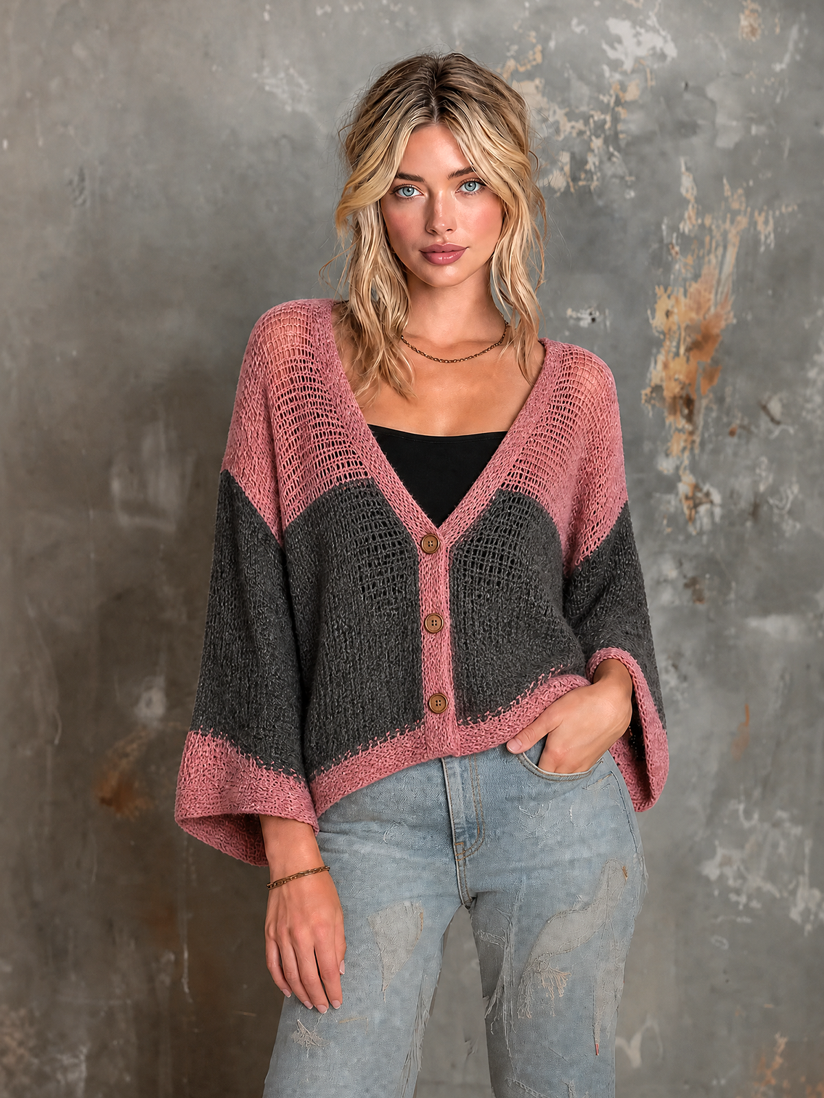 Chic Casual Dusty Pink-Gray Colorblock V Neck Single-Breasted Bell Flare Sleeves Loose-Fit Mesh Knit Sweater Top