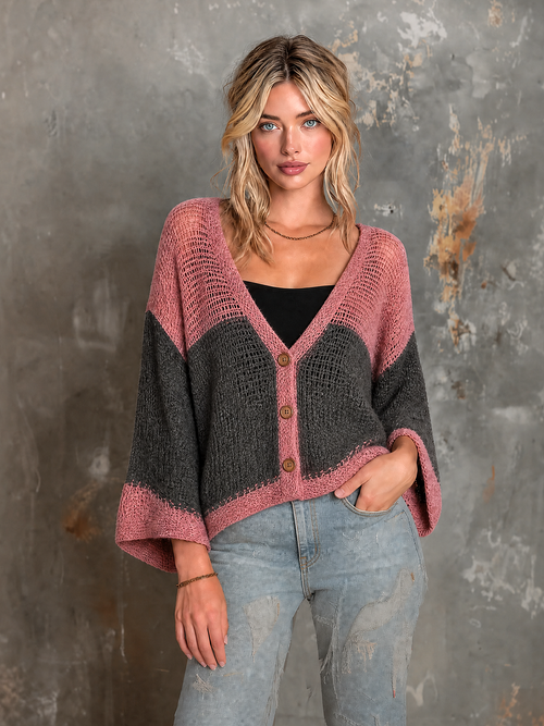 Chic Casual Dusty Pink-Gray Colorblock V Neck Single-Breasted Bell Flare Sleeves Loose-Fit Mesh Knit Sweater Top