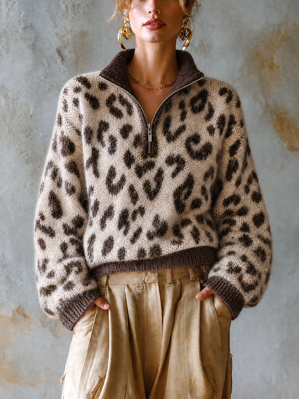 Chic Casual Beige Stand Collar Zipper-Up Brown Leopard Jacquard Long Sleeve Loose-Fit Knit Sweater Top