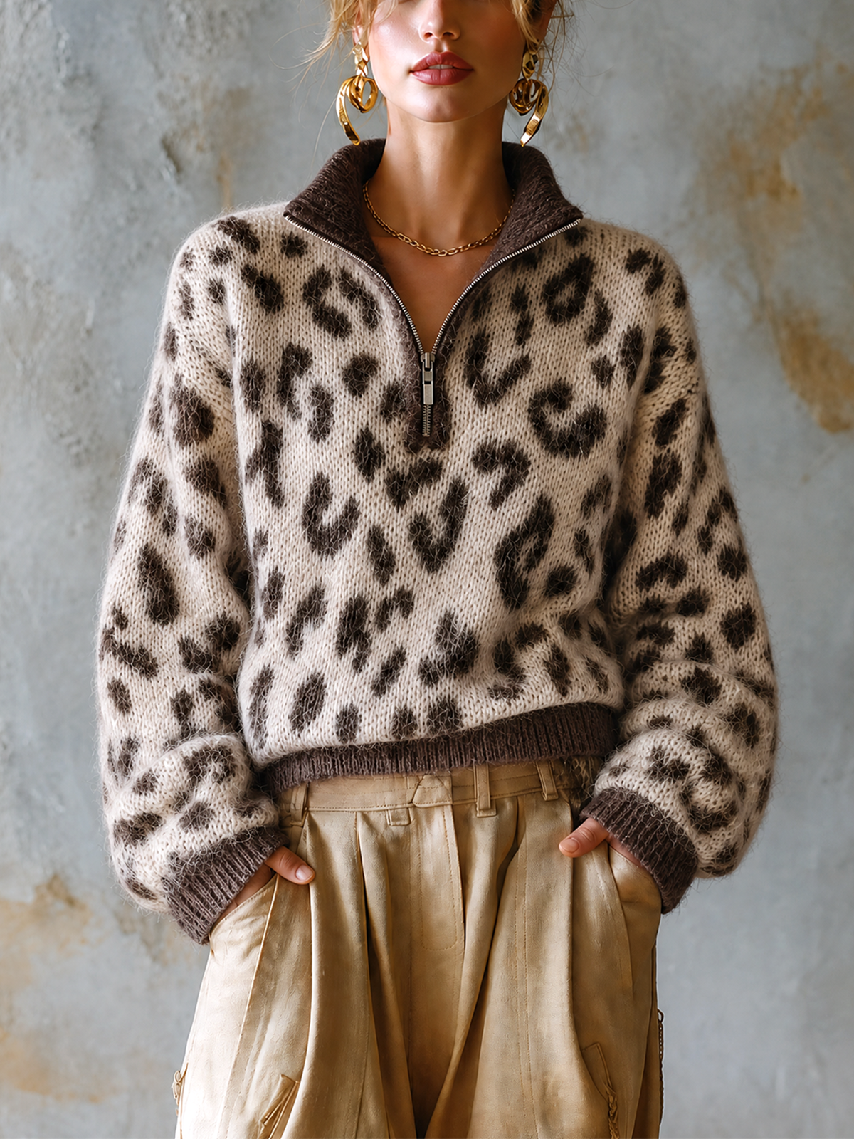 Chic Casual Beige Stand Collar Zipper-Up Brown Leopard Jacquard Long Sleeve Loose-Fit Knit Sweater Top