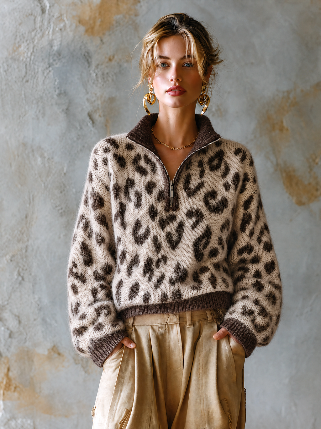 Chic Casual Beige Stand Collar Zipper-Up Brown Leopard Jacquard Long Sleeve Loose-Fit Knit Sweater Top