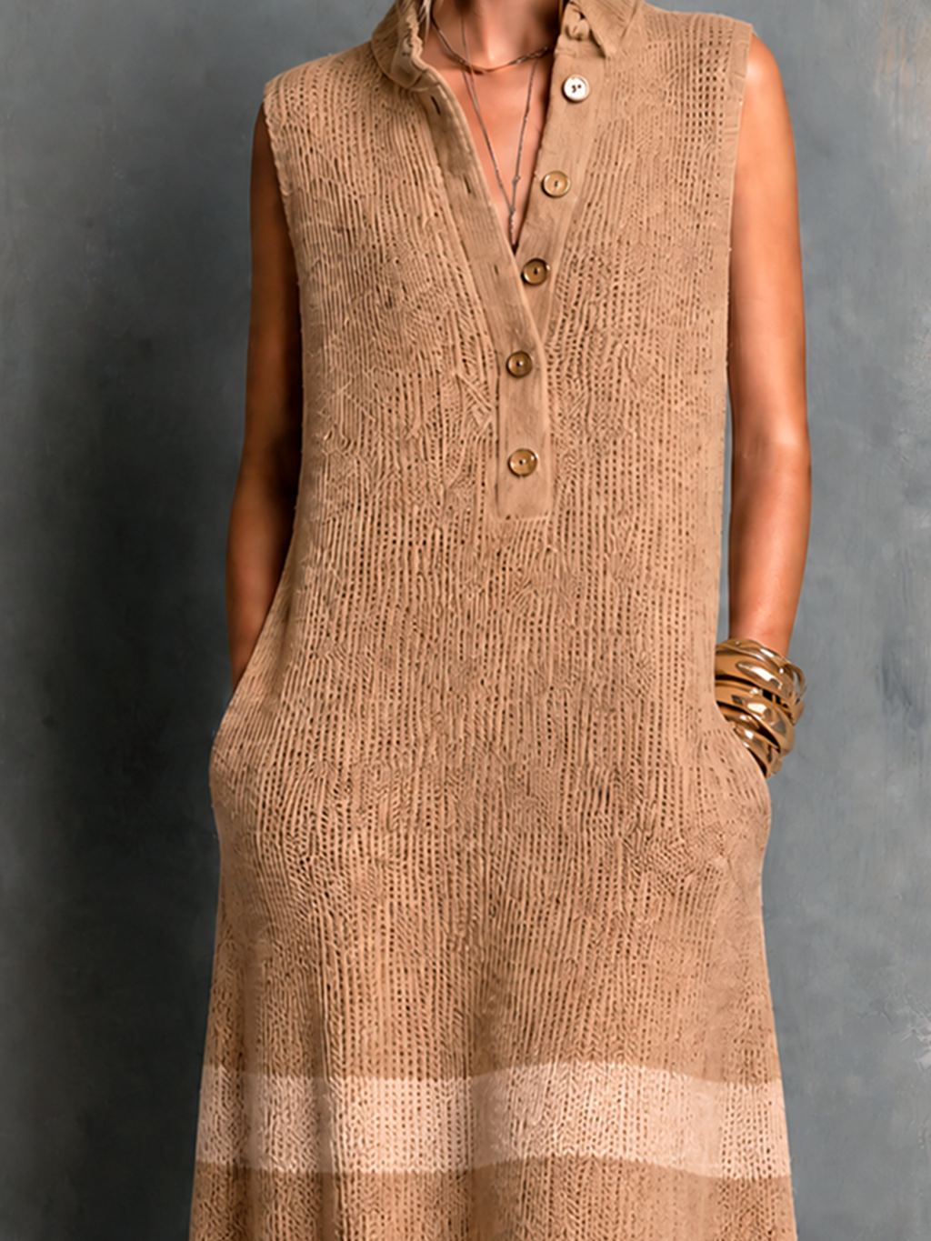 Chic Elegant Camel Button-Up Lapel-Collar Colorblock Stripe Sleeveless Loose-Fit A-Line Knit Maxi Dress