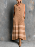 Chic Elegant Camel Button-Up Lapel-Collar Colorblock Stripe Sleeveless Loose-Fit A-Line Knit Maxi Dress