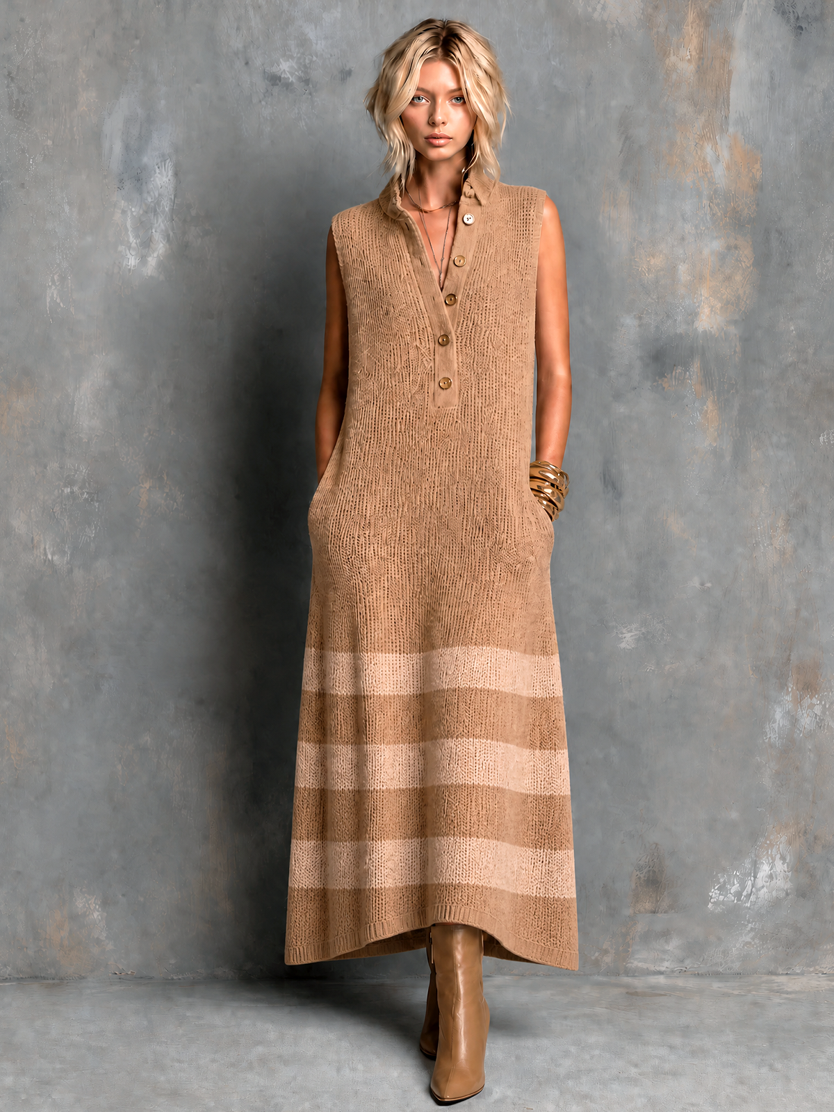 Chic Elegant Camel Button-Up Lapel-Collar Colorblock Stripe Sleeveless Loose-Fit A-Line Knit Maxi Dress