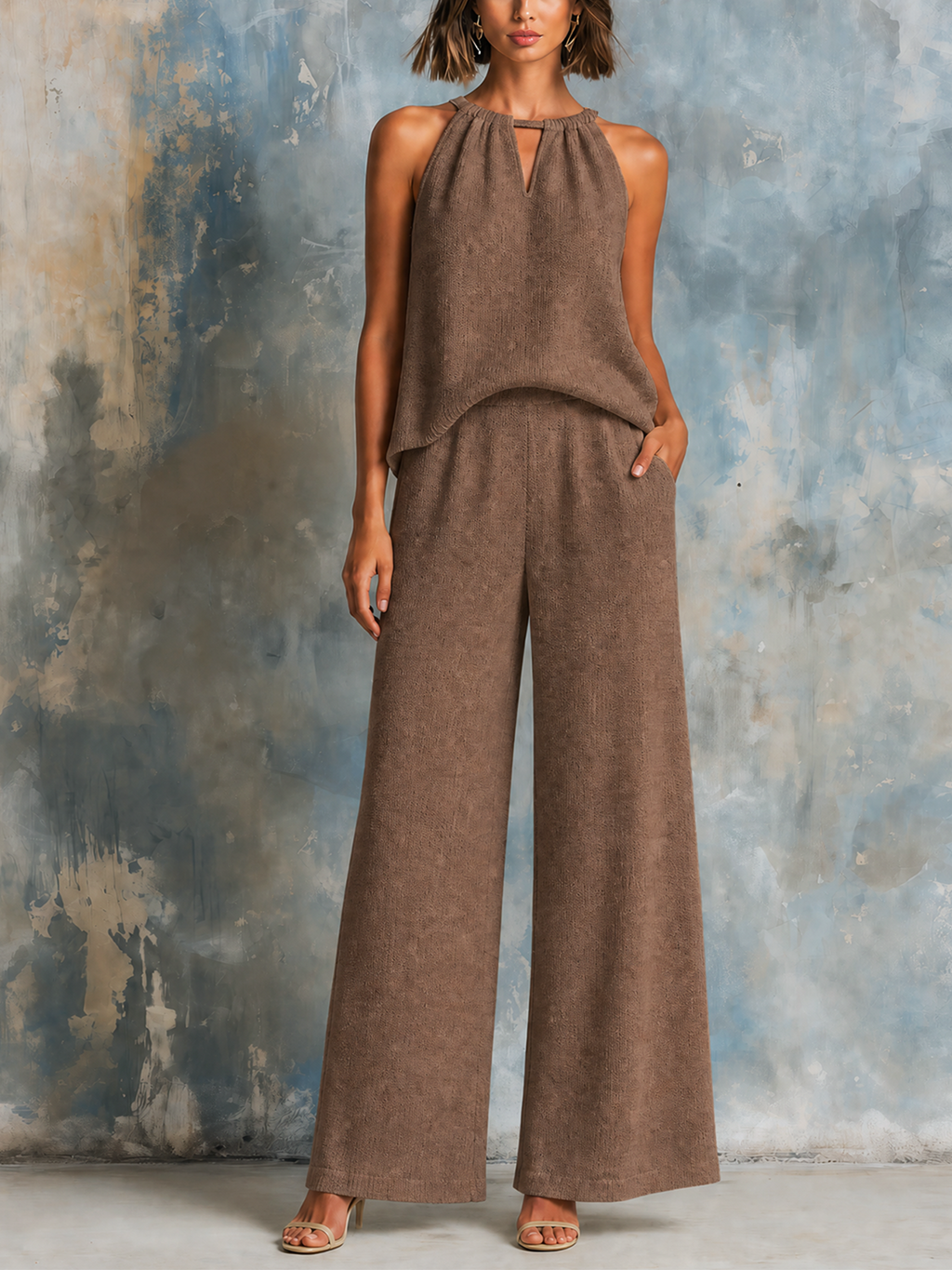 Chic Elegant Brown Keyhole Halter Sleeveless Tank Top  Wide-Leg Pants Knit Two-Piece Set
