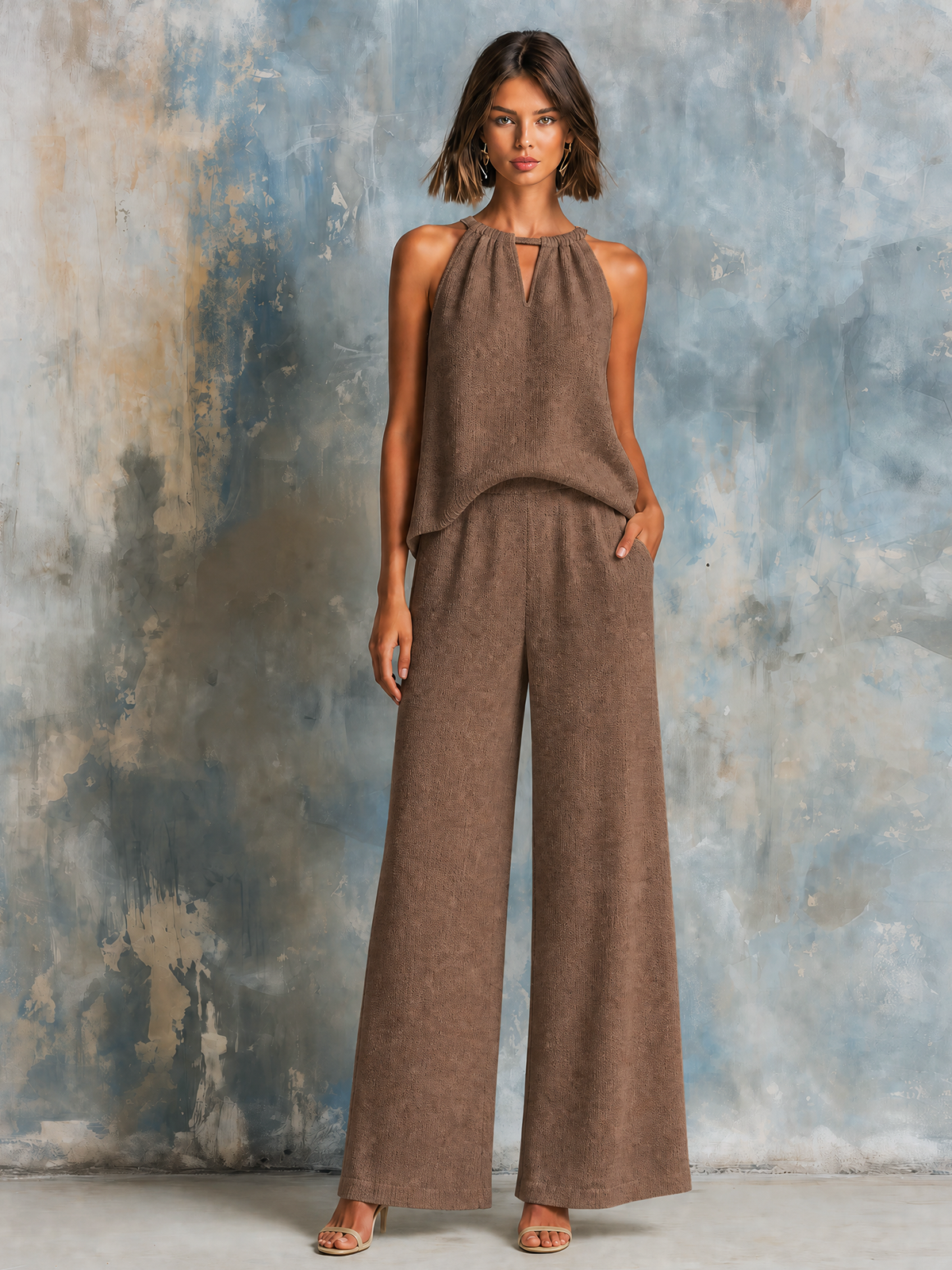 Chic Elegant Brown Keyhole Halter Sleeveless Tank Top  Wide-Leg Pants Knit Two-Piece Set