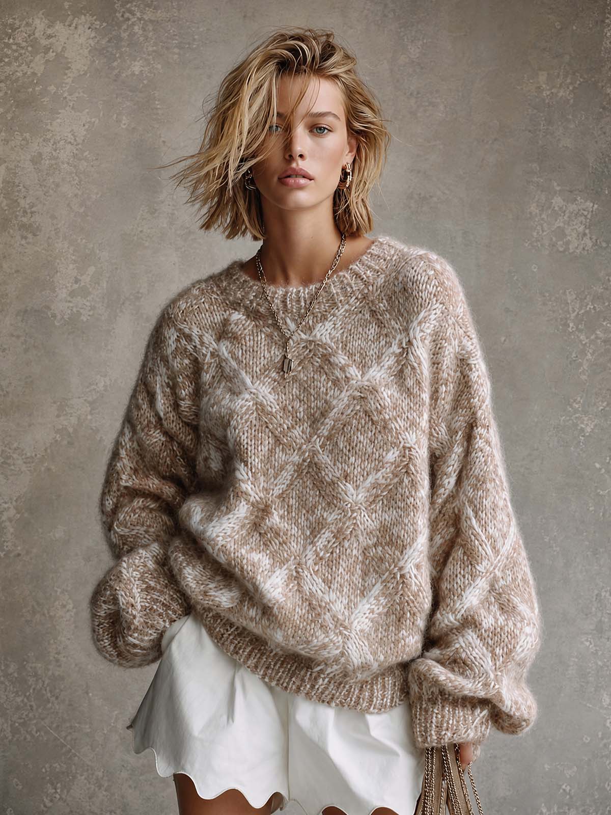 Chic Casual Camel Melange Argyle Pattern Jacquard Round Neck Long Sleeve Loose-Fit Sweater Top