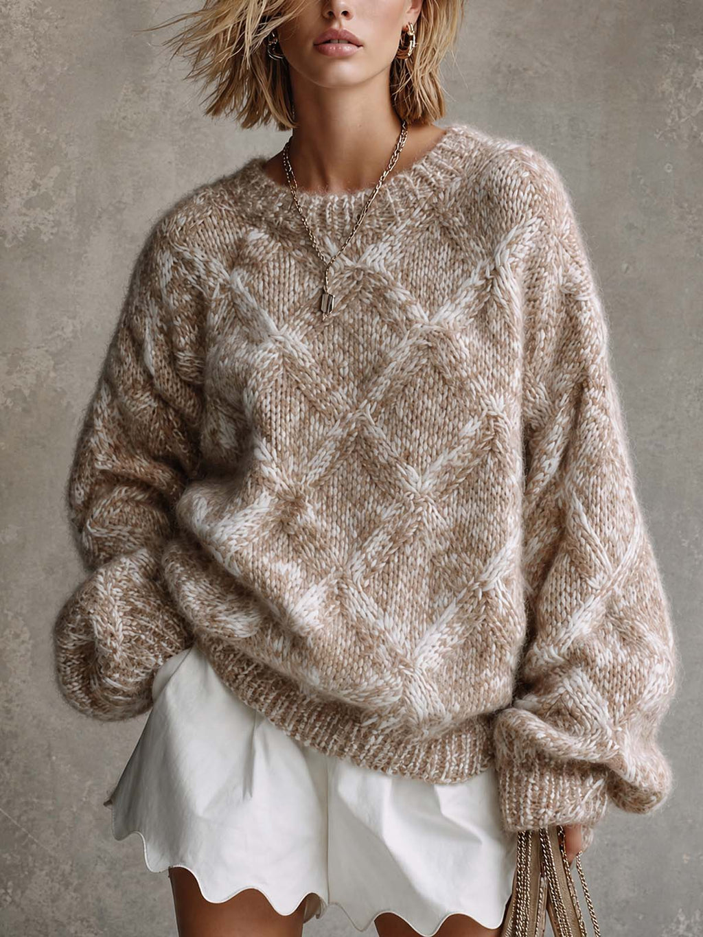 Chic Casual Camel Melange Argyle Pattern Jacquard Round Neck Long Sleeve Loose-Fit Sweater Top