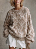 Chic Casual Camel Melange Argyle Pattern Jacquard Round Neck Long Sleeve Loose-Fit Sweater Top
