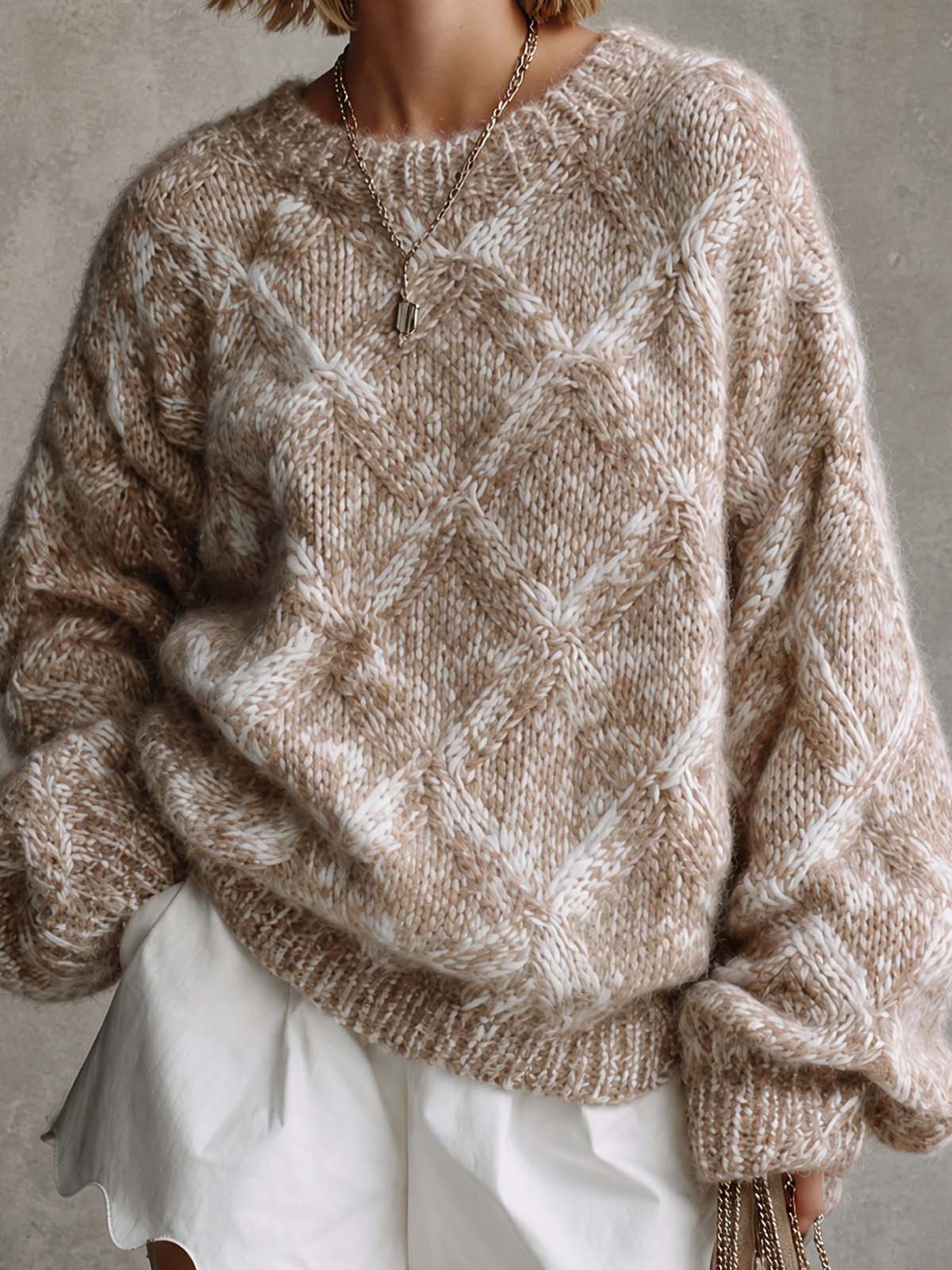 Chic Casual Camel Melange Argyle Pattern Jacquard Round Neck Long Sleeve Loose-Fit Sweater Top