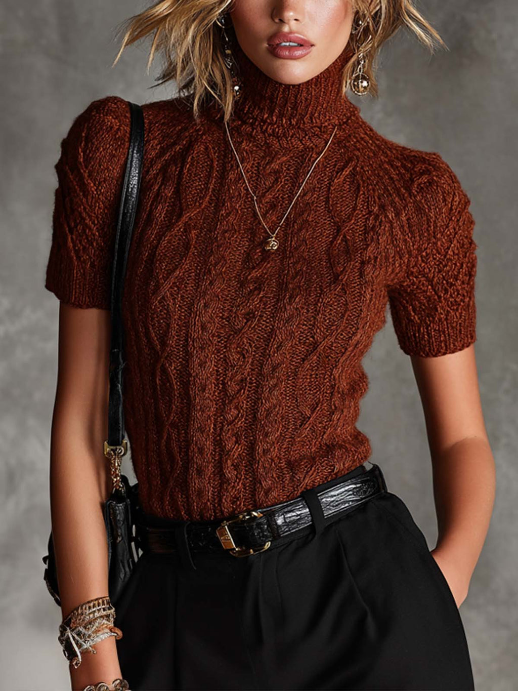 Chic Elegant Claret Turtleneck Short Sleeves Slim-Fit Sweater Top