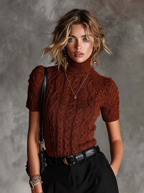 Chic Elegant Claret Turtleneck Short Sleeves Slim-Fit Sweater Top