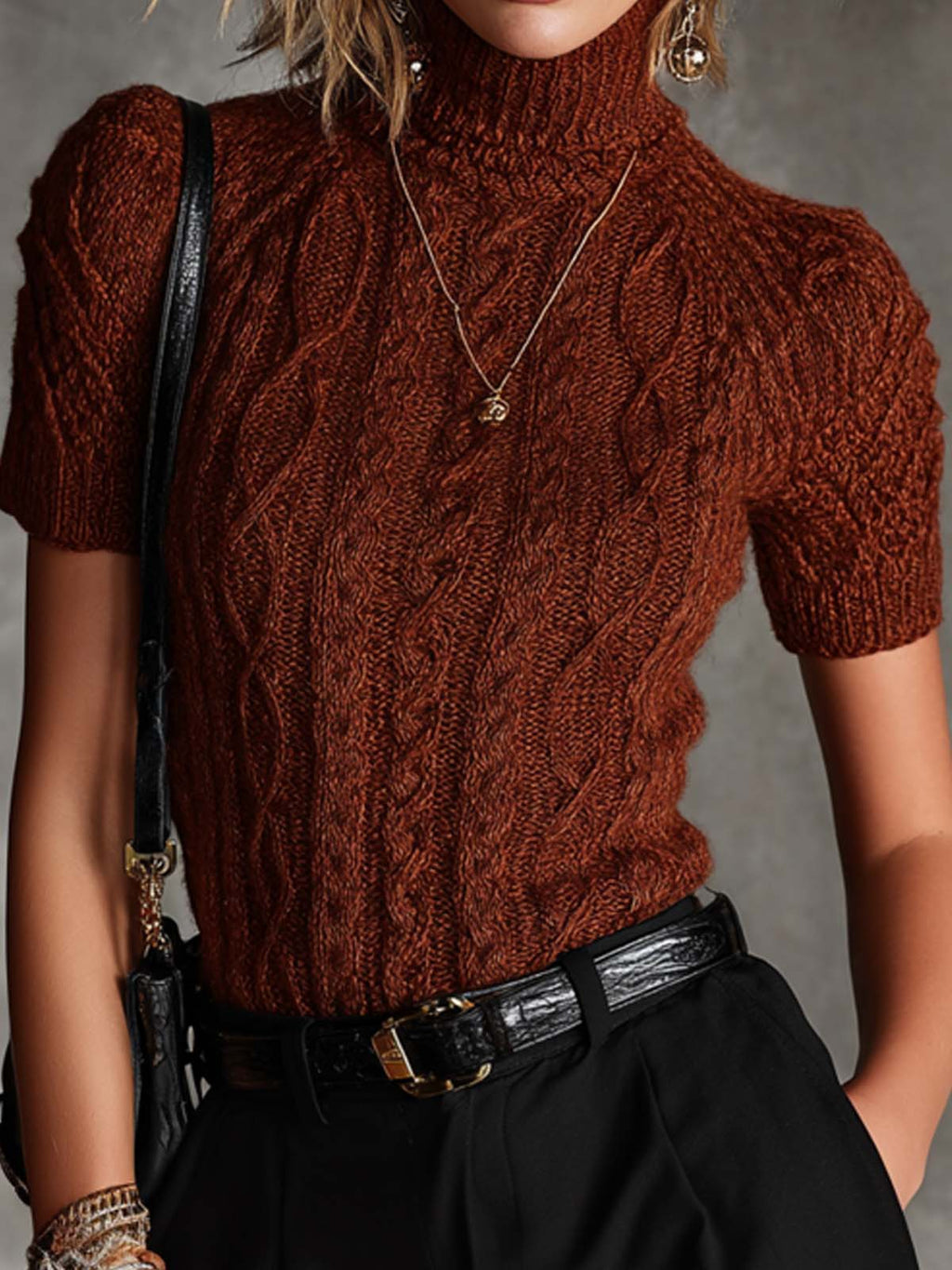 Chic Elegant Claret Turtleneck Short Sleeves Slim-Fit Sweater Top