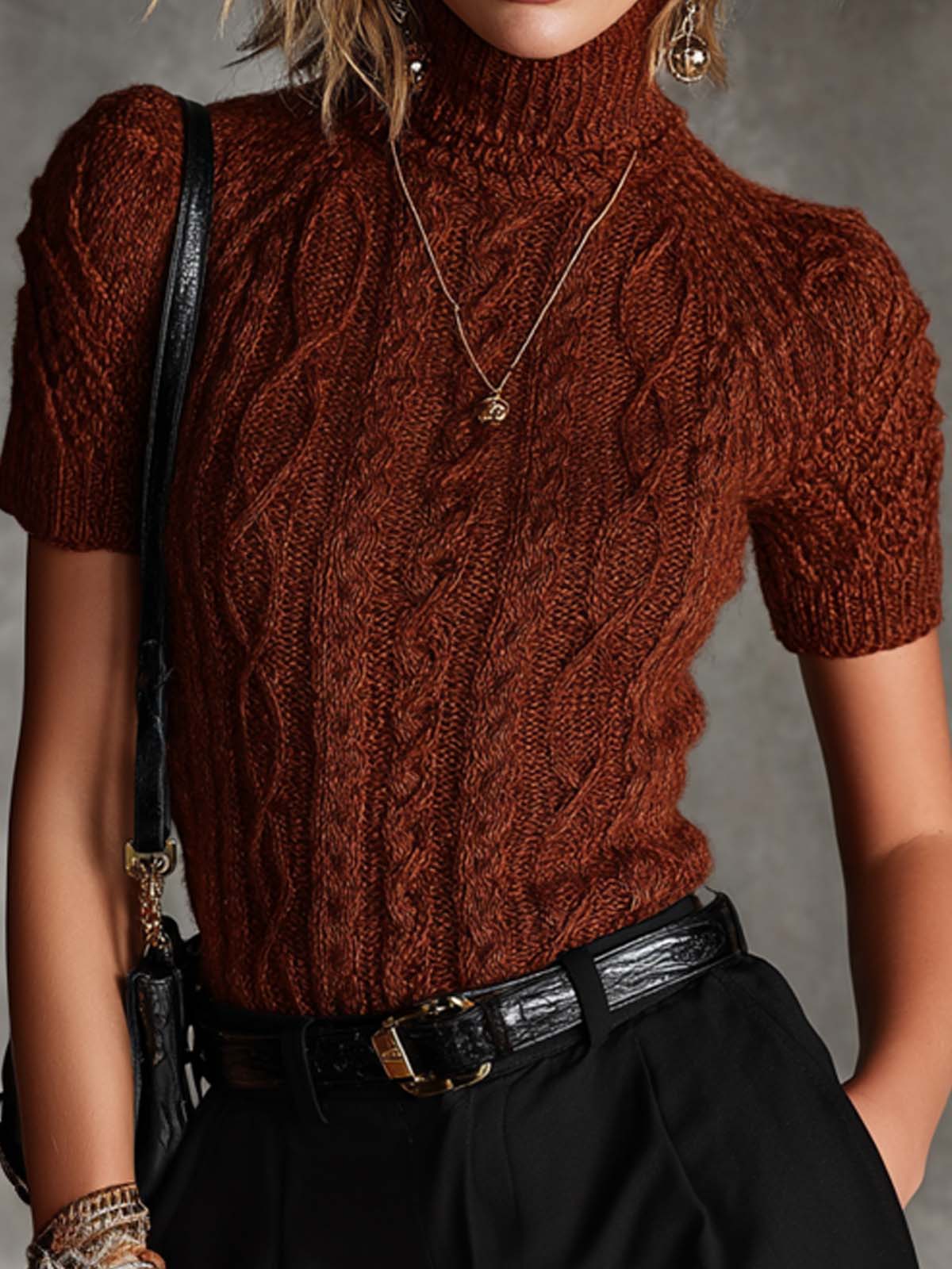 Chic Elegant Claret Turtleneck Short Sleeves Slim-Fit Sweater Top