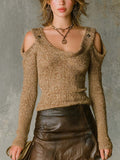 Chic Camel U-Neck Shoulder-Cutout Button-Detail Long Sleeve Slim-Fit Sweater Top