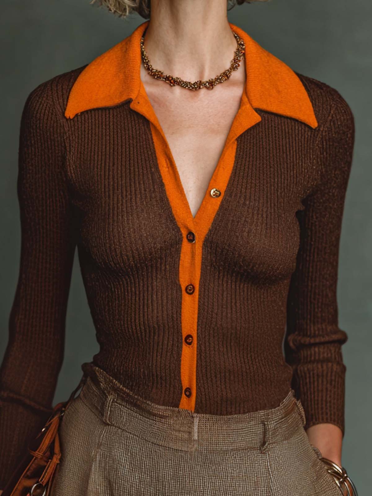 Chic Casual Brown-Orange Colorblock Polo-Neck Single-Breasted Long Sleeve Slim-Fit Knit Cardigan Top