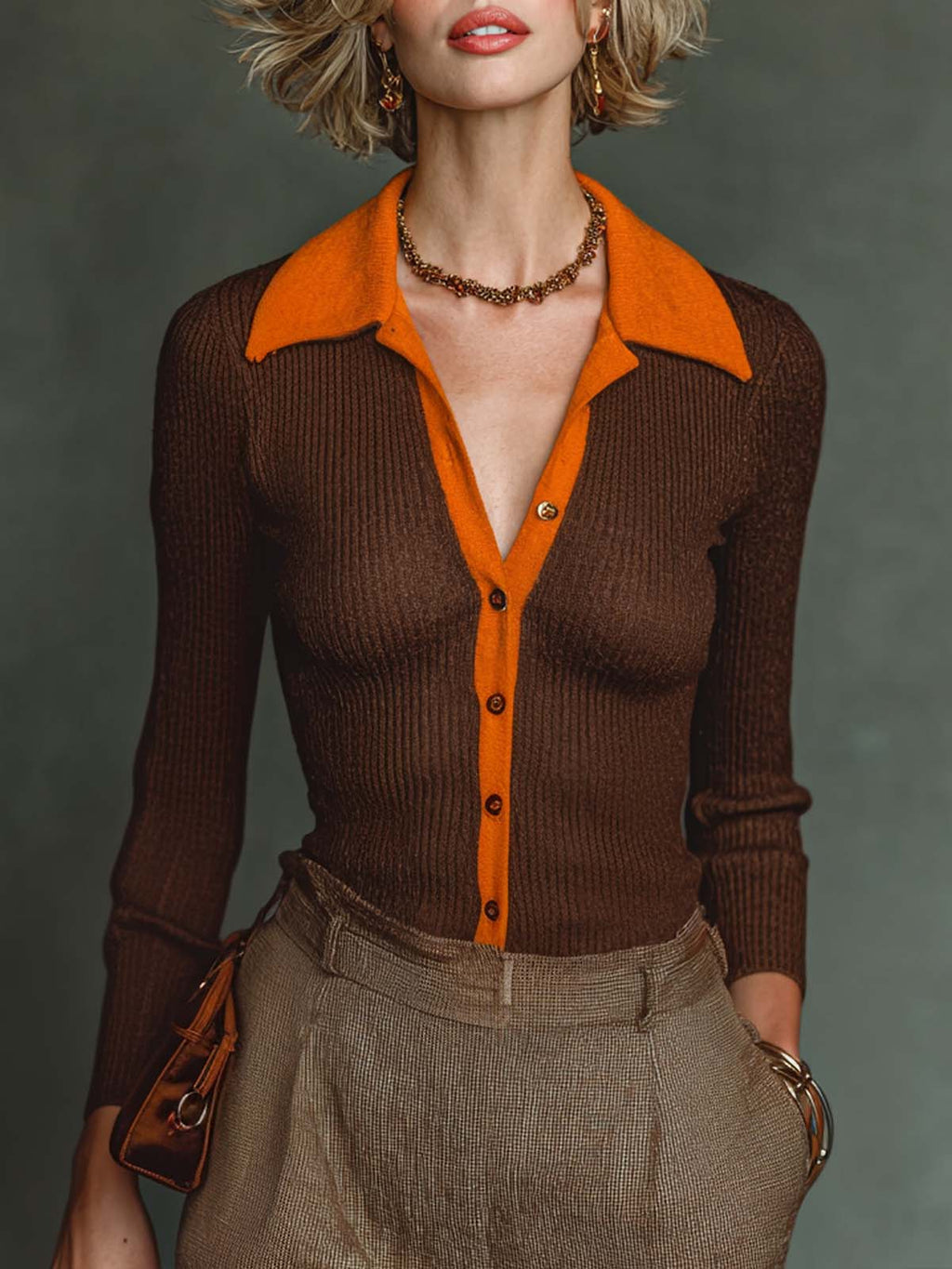 Chic Casual Brown-Orange Colorblock Polo-Neck Single-Breasted Long Sleeve Slim-Fit Knit Cardigan Top