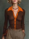 Chic Casual Brown-Orange Colorblock Polo-Neck Single-Breasted Long Sleeve Slim-Fit Knit Cardigan Top