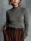 Chic Dark Gray Turtleneck Lace Trim Long-Sleeve Regular-Fit Cropped Sweater Top