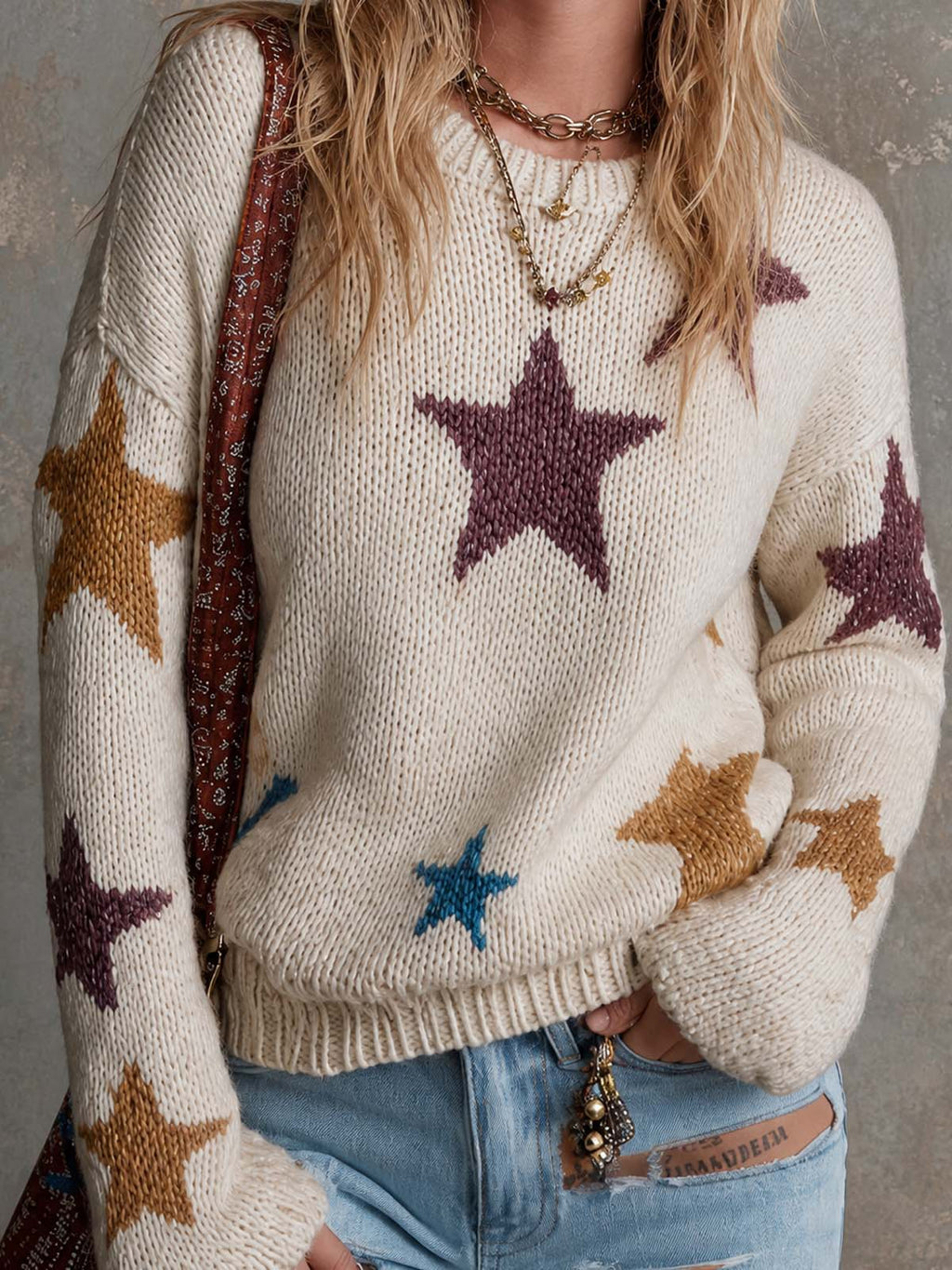 Chic Casual Multi-Colored Star Jacquard Round Neck Long Sleeve Loose-Fit Sweater Top