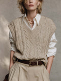 Chic Oatmeal-Colored V-Neck Cable Pattern Sleeveless Loose-Fit Sweater Top
