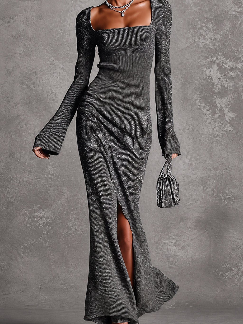 Chic Carbon Gray Square-Neck Long-Flare-Sleeve Tailored Slit Detail Ribbed Knit Maxi Dress