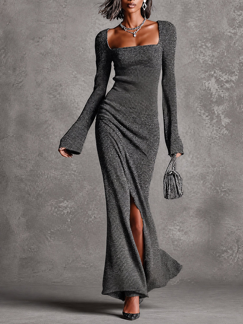 Chic Carbon Gray Square-Neck Long-Flare-Sleeve Tailored Slit Detail Ribbed Knit Maxi Dress