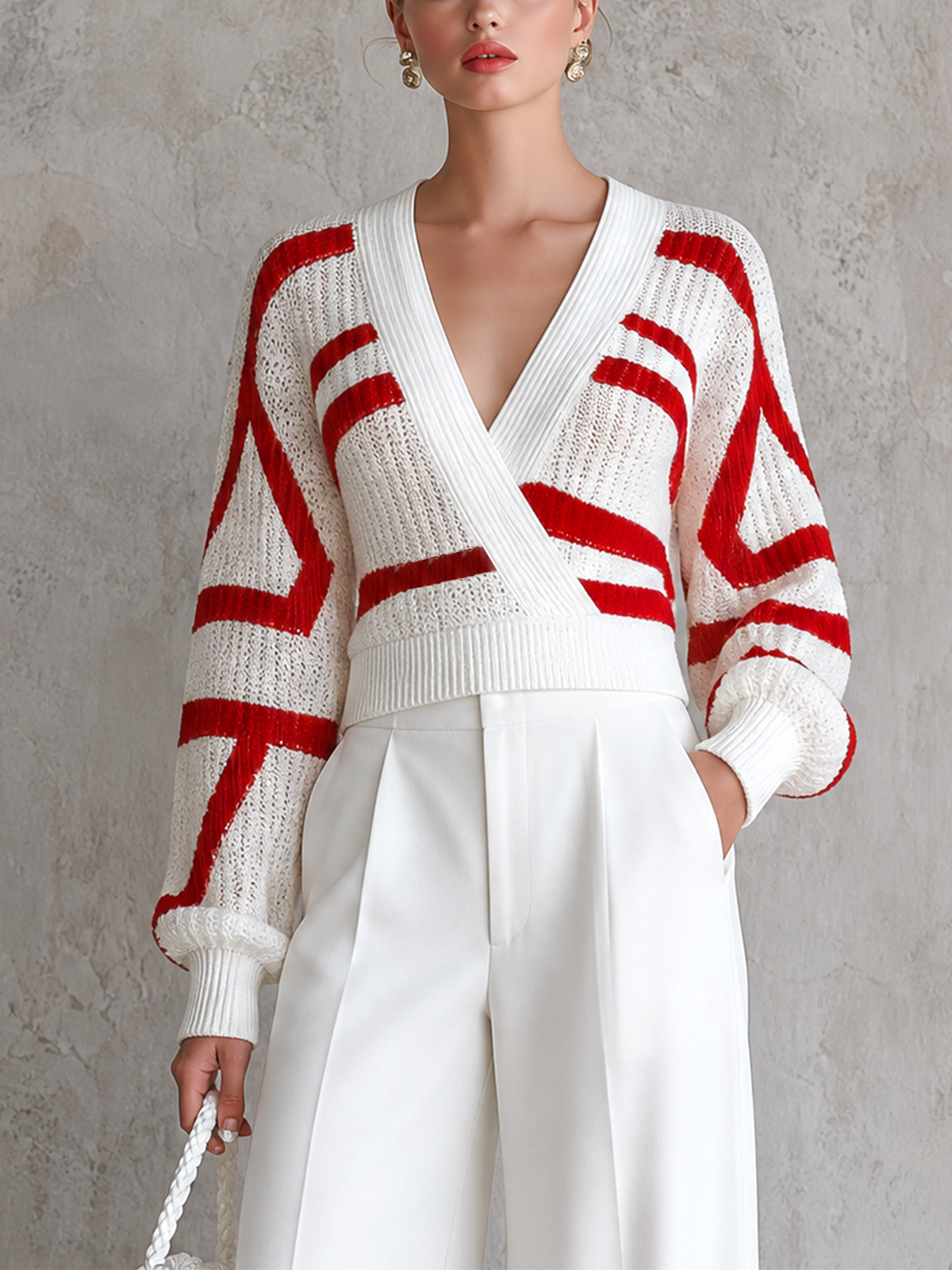 Chic Elegant White-Red Geometric Colorblock Jacquard  Wrap V Neck Balloon Long Sleeve Loose-Fit Knit Sweater Top