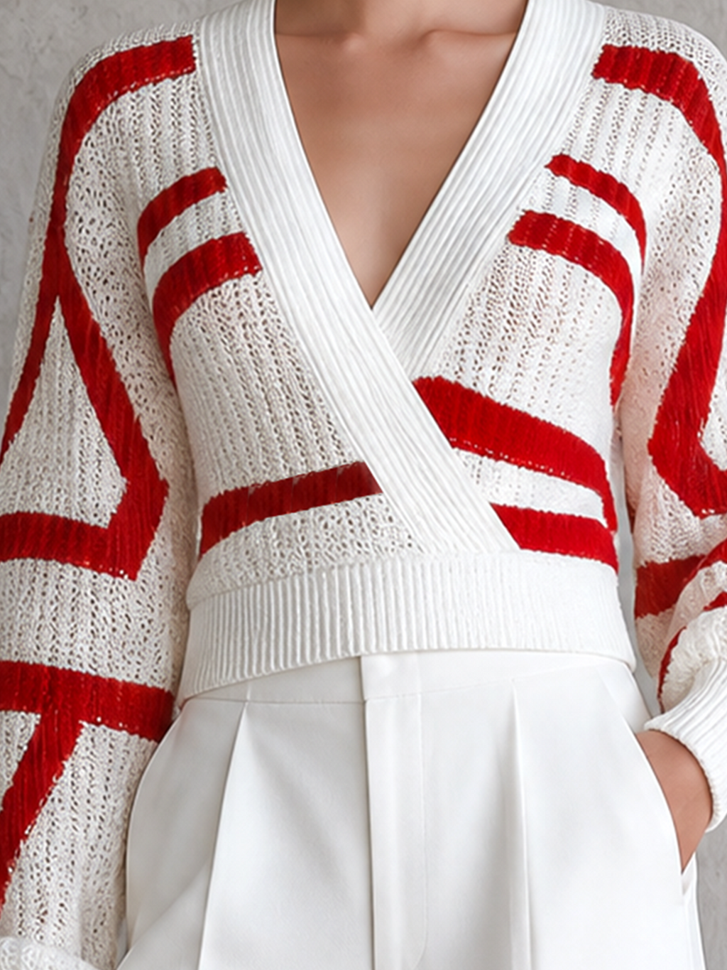 Chic Elegant White-Red Geometric Colorblock Jacquard  Wrap V Neck Balloon Long Sleeve Loose-Fit Knit Sweater Top