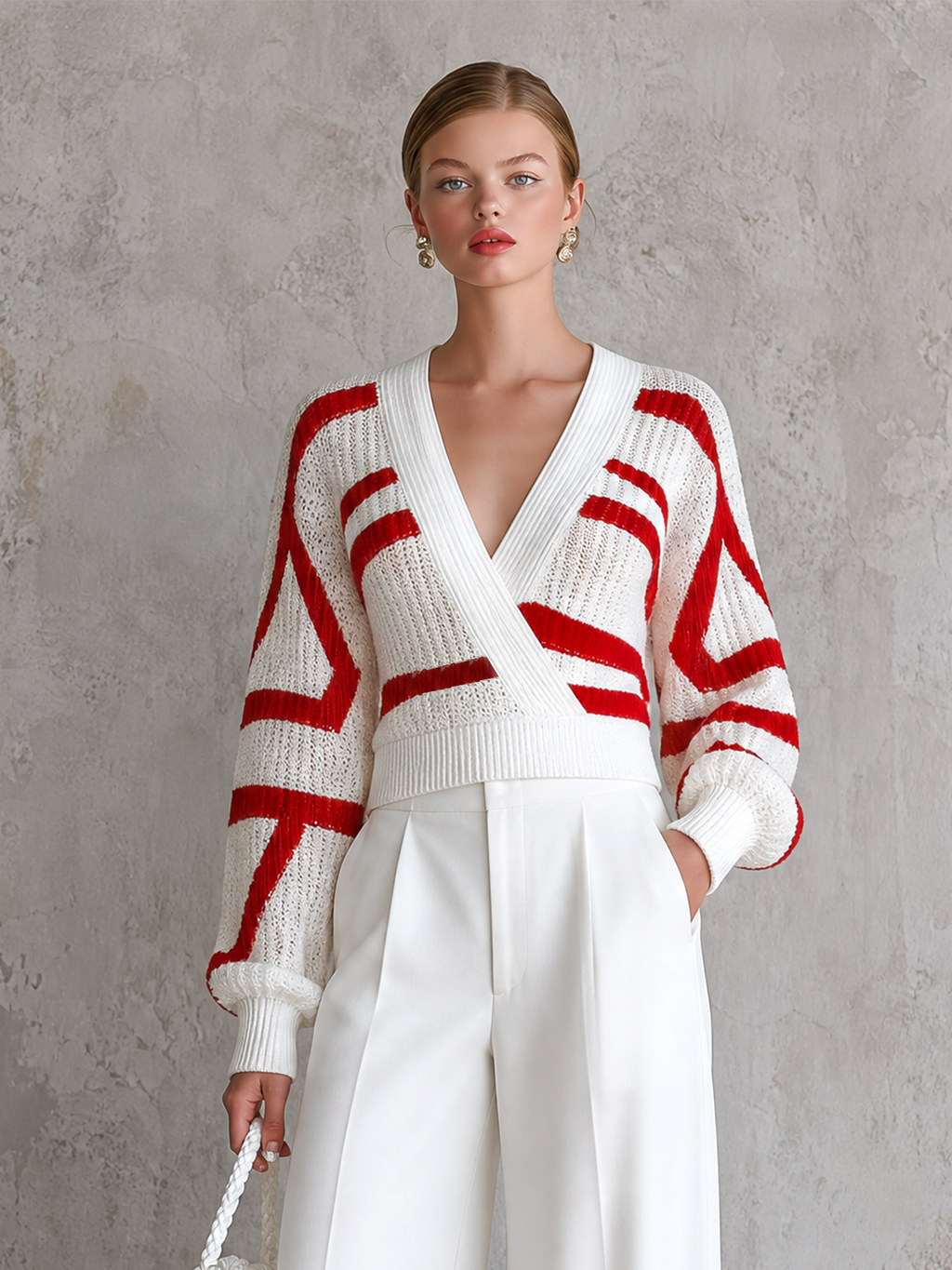 Chic Elegant White-Red Geometric Colorblock Jacquard  Wrap V Neck Balloon Long Sleeve Loose-Fit Knit Sweater Top