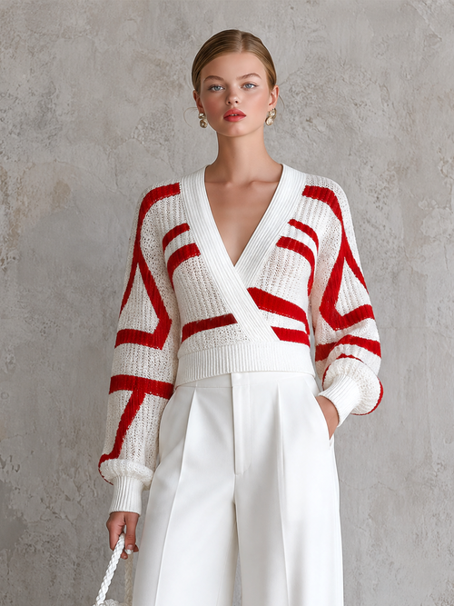 Chic Elegant White-Red Geometric Colorblock Jacquard  Wrap V Neck Balloon Long Sleeve Loose-Fit Knit Sweater Top