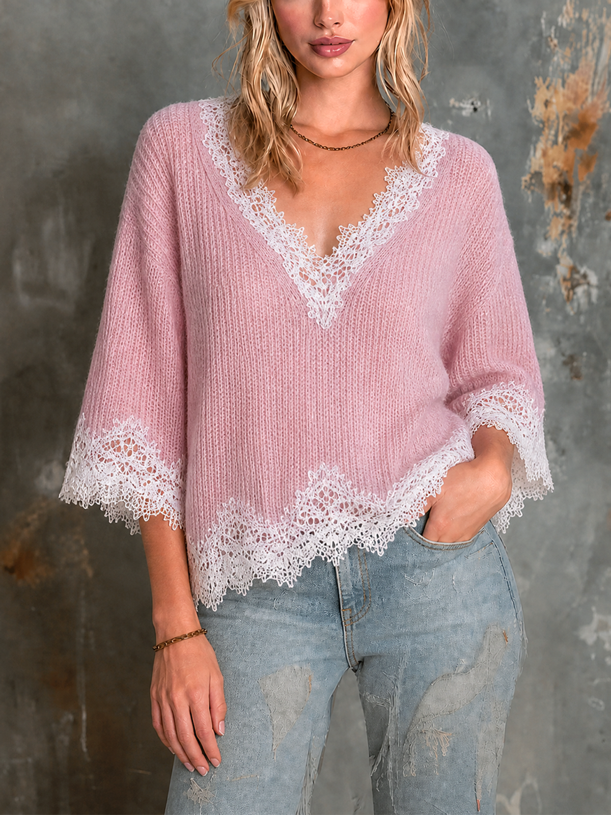 Chic Elegant Pink V-Neck Lace Trim Three-Quarter Sleeve Loose-Fit Ribbed Knit Sweater Top