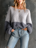 Chic Casual Light Gray-Dark Gray Colorblock Boat Neck Long Sleeves Loose-Fit Knit Sweater Top