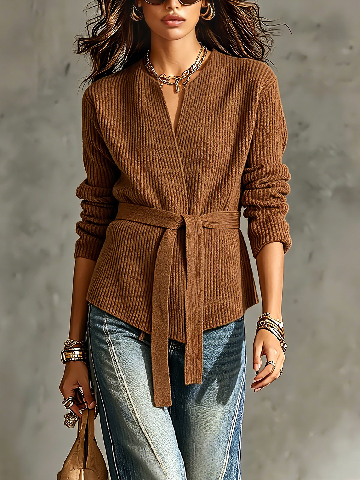 Chic Elegant Brown Cotton Blend V-Neck Long-Sleeve Tie-Waist Loose-Fit Soft Ribbed Knit Cardigan