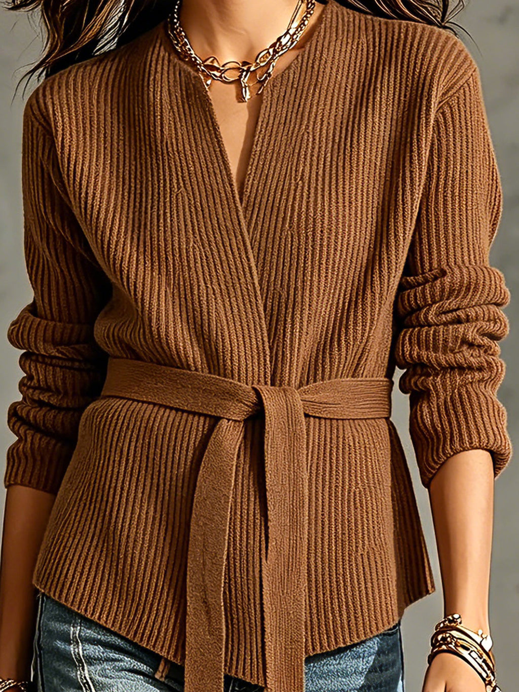 Chic Elegant Brown Cotton Blend V-Neck Long-Sleeve Tie-Waist Loose-Fit Soft Ribbed Knit Cardigan