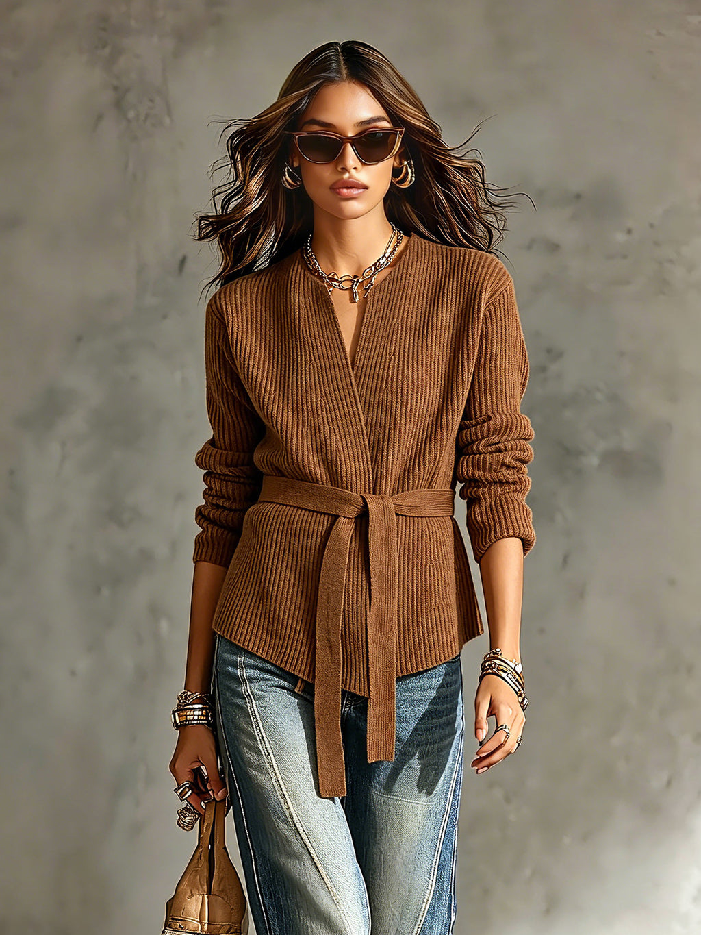Chic Elegant Brown Cotton Blend V-Neck Long-Sleeve Tie-Waist Loose-Fit Soft Ribbed Knit Cardigan