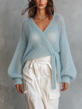 Chic Casual Light Blue Surplice Wrap V-Neck Balloon Long Sleeves Loose-Fit Waist Tie Knit Sweater Top