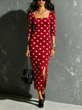 Chic Elegant Red-White Polka-Dot Jacquard Square-Neck Half-Sleeve Tailored Side-Slit Slim-Fit Knit Midi Dress