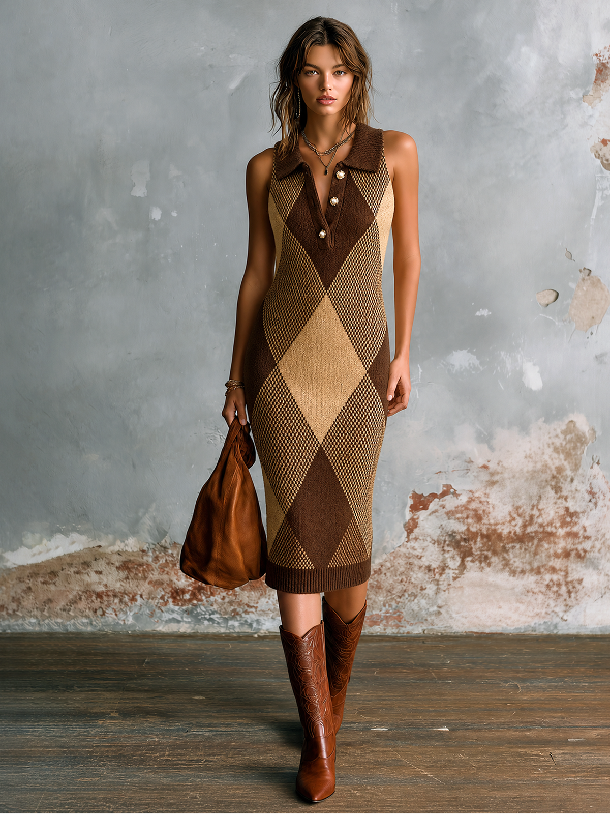 Chic Elegant Brown Lapel-Collar Button-Up Argyle Diamond Jacquard Sleeveless Slim-Fit Knit Midi Dress