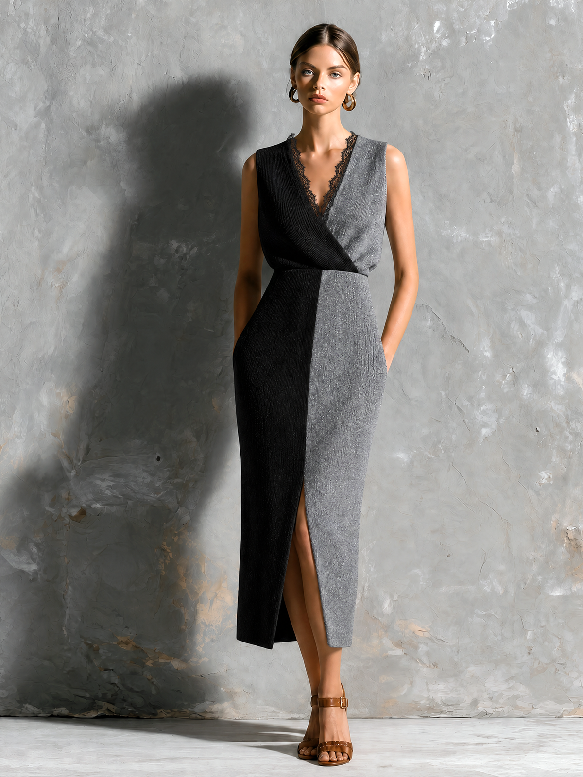 Chic Elegant Black-Gray Colorblock Wrap V-Neck Lace Trim Sleeveless Slim-Fit Knit Midi Dress