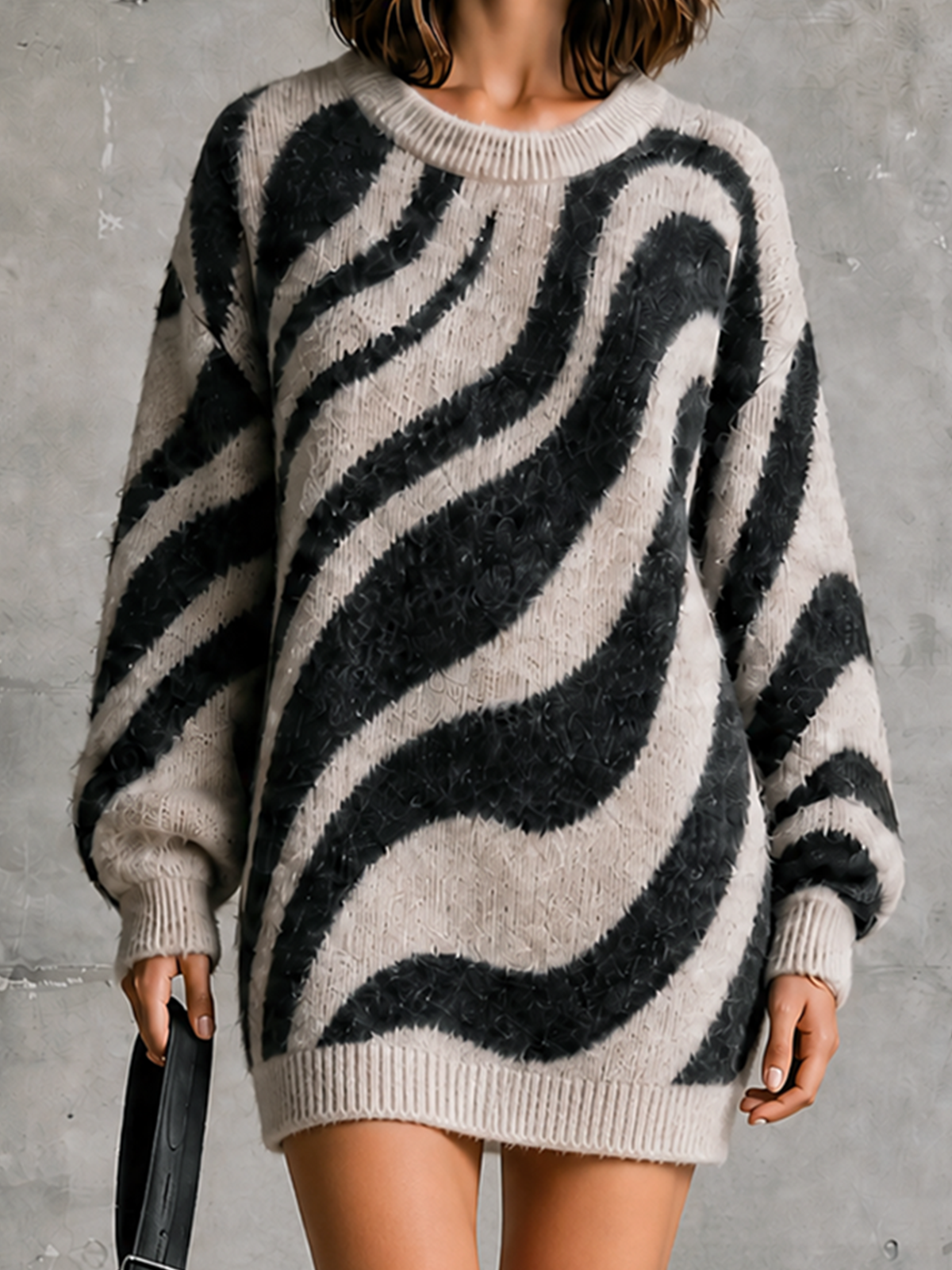 Chic Casual Off White-Black Colorblock Wavy Jacquard Round Neck Long Sleeve Loose-Fit Knit Mini Dress