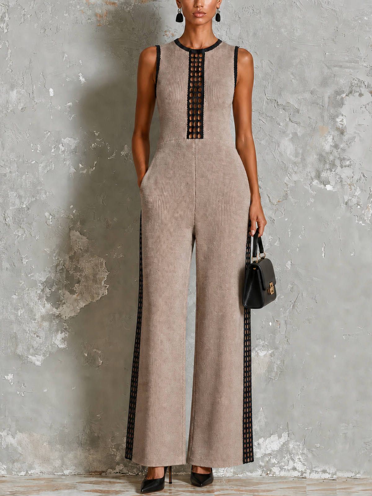 Chic Elegant Taupe Round Neck Contrast Trim Hollow-Out Sleeveless Wide Leg Ribbed Knit Jumpsuit