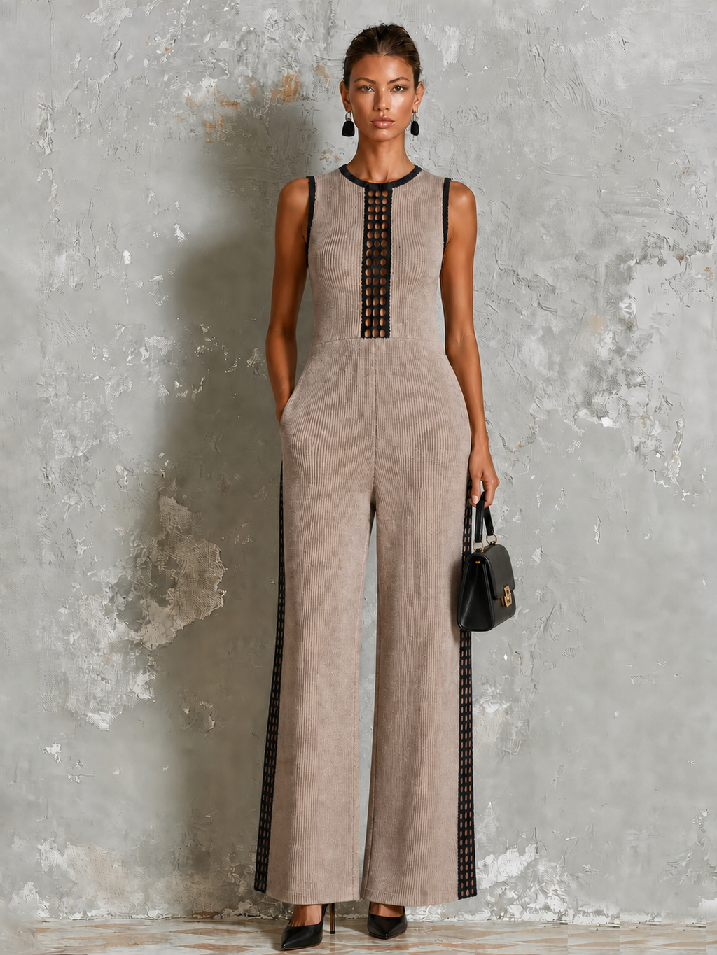 Chic Elegant Taupe Round Neck Contrast Trim Hollow-Out Sleeveless Wide Leg Ribbed Knit Jumpsuit