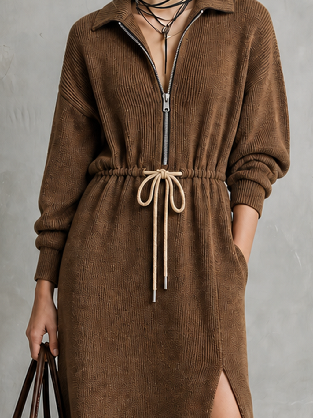 Chic Casual Brown Lapel-Collar Half-Zipper Long Sleeve Loose-Fit Drawstring Waist Side Slit Ribbed Knit Midi Dress