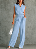 Chic Elegant Light Blue Stand-Collar Zipper-Front Sleeveless Tailored-Wiast Wide Leg Ribbed Knit Jumpsuit