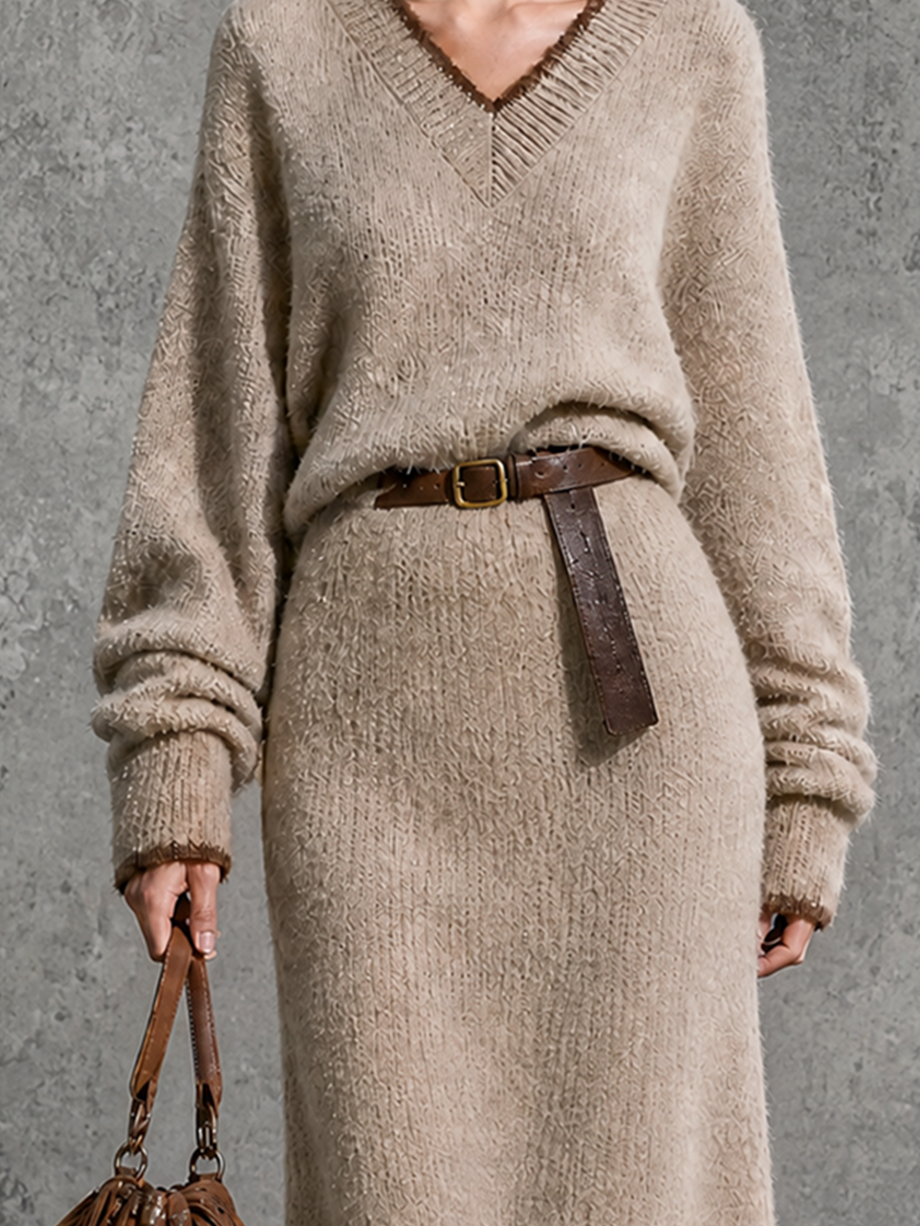Chic Elegant Oat Beige V-Neck Contrast Trim Long Sleeve Loose-Fit Leather Belt Knit Midi Dress