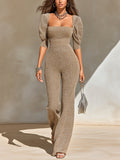 Chic Elegant Camel Melange Square-Neck Short-Puff-Sleeve Tailored-Waist Relaxed Wide-Leg Soft Knit Junpsuit