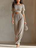 Chic Elegant Light Brown Boat-Neck Short-Puff-Sleeve Cropped Sweater Elastic-Waist Wide-Leg Pants Soft Knit Two-Piece Set