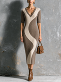 Chic Elegant Off-White-Taupe V-Neck Colorblock Wavy Jacquard Half-Sleeve Slim-Fit Ribbed Knit Midi Dress