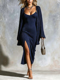Chic Elegant Navy Blue Spaghetti Straps Sleeveless Side-Slit Bodycon Midi Dress Single-Breasted Oversize Cardigan Knit Two-Piece Set